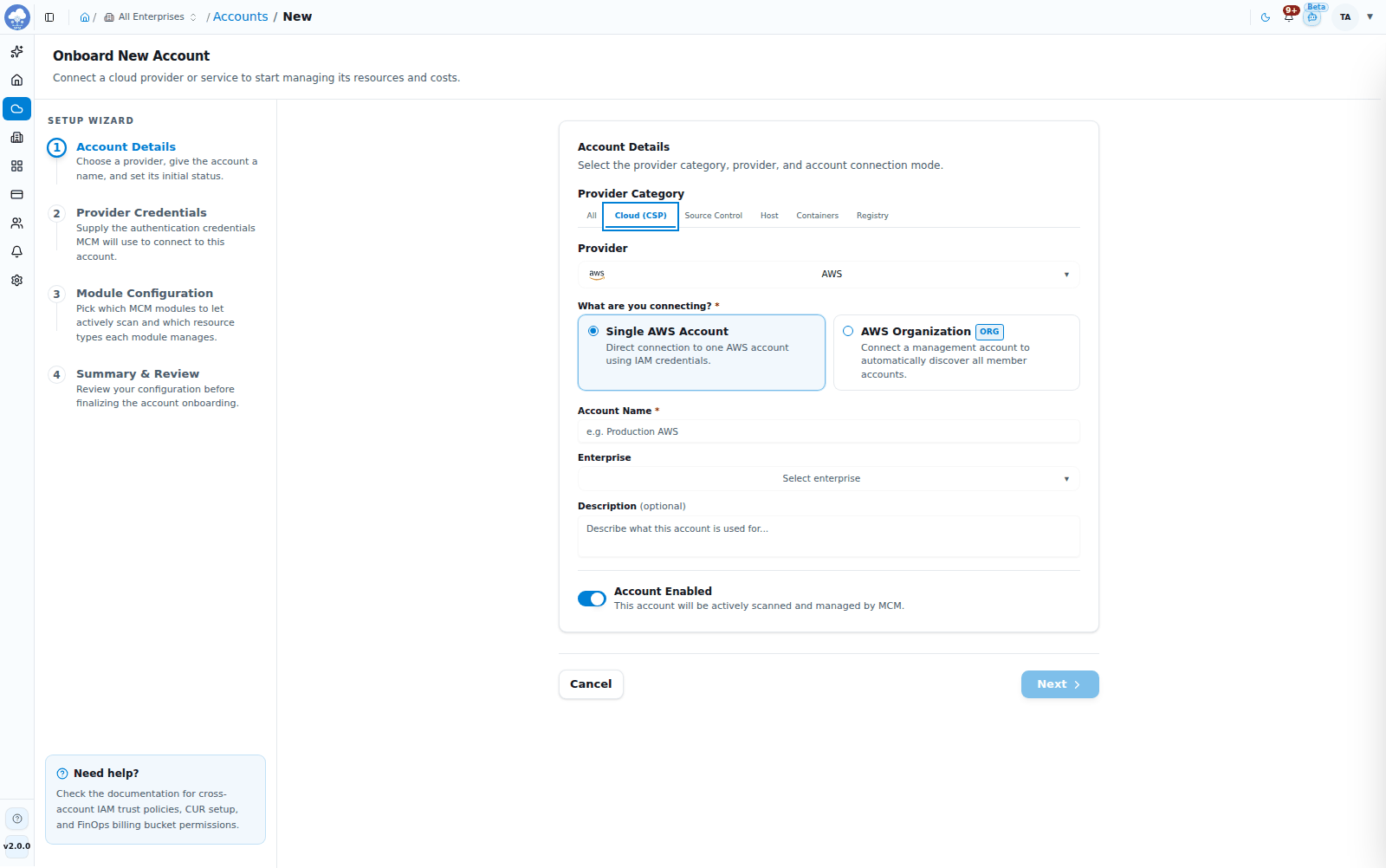 The Onboard New Account wizard, Account Details step for a cloud provider