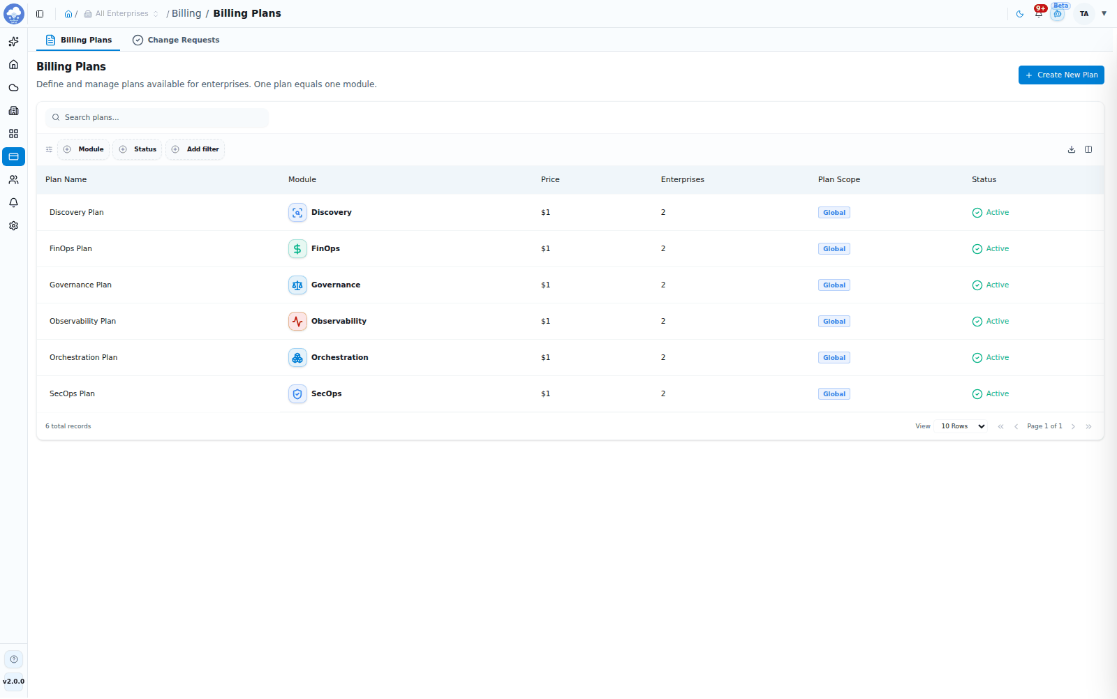 The Billing Plans list, one plan per module