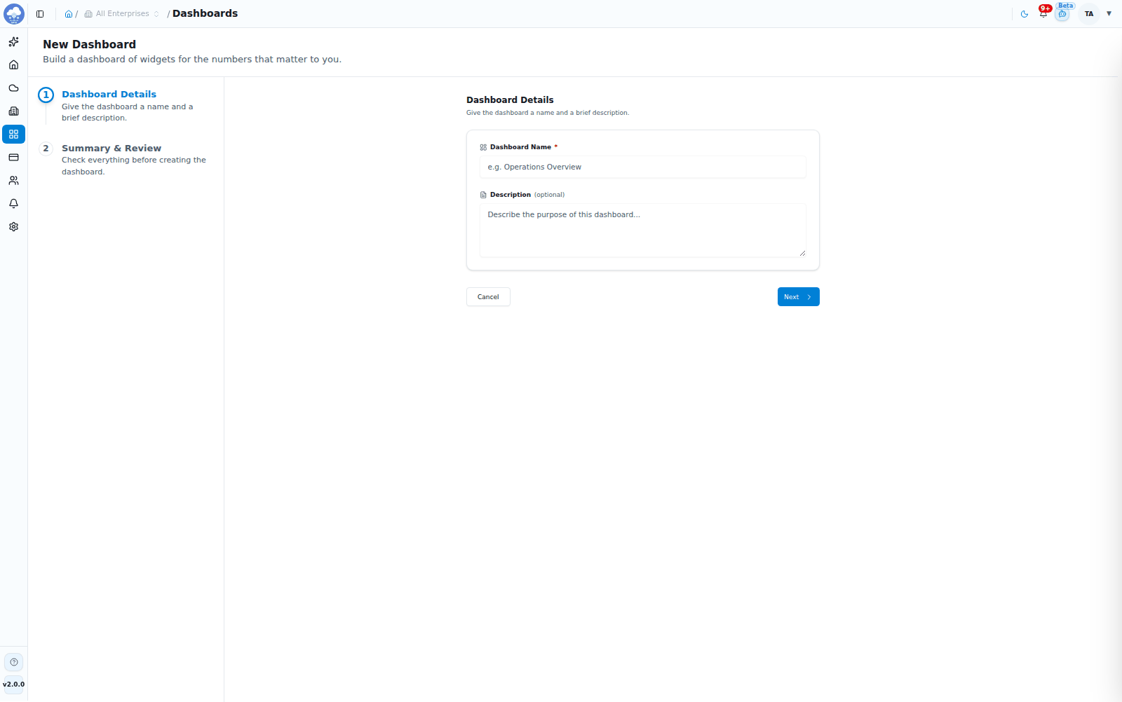 Creating a dashboard: name and description in the first wizard step