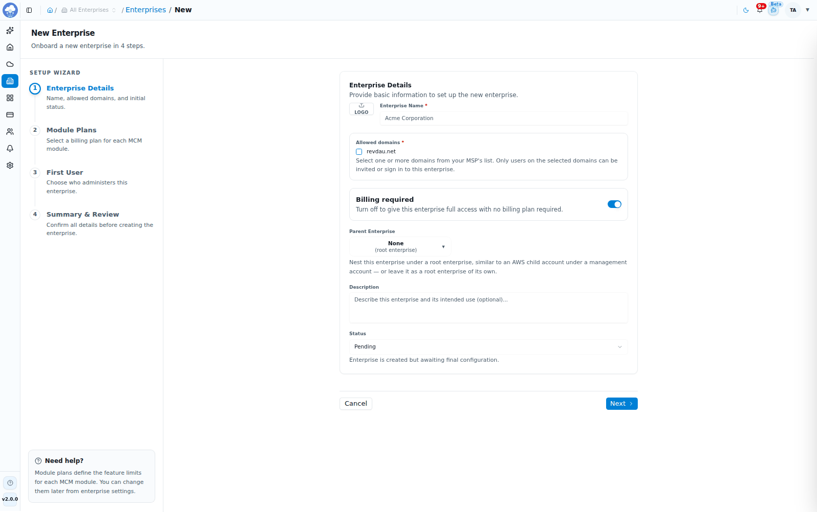 The New Enterprise wizard, Enterprise Details step