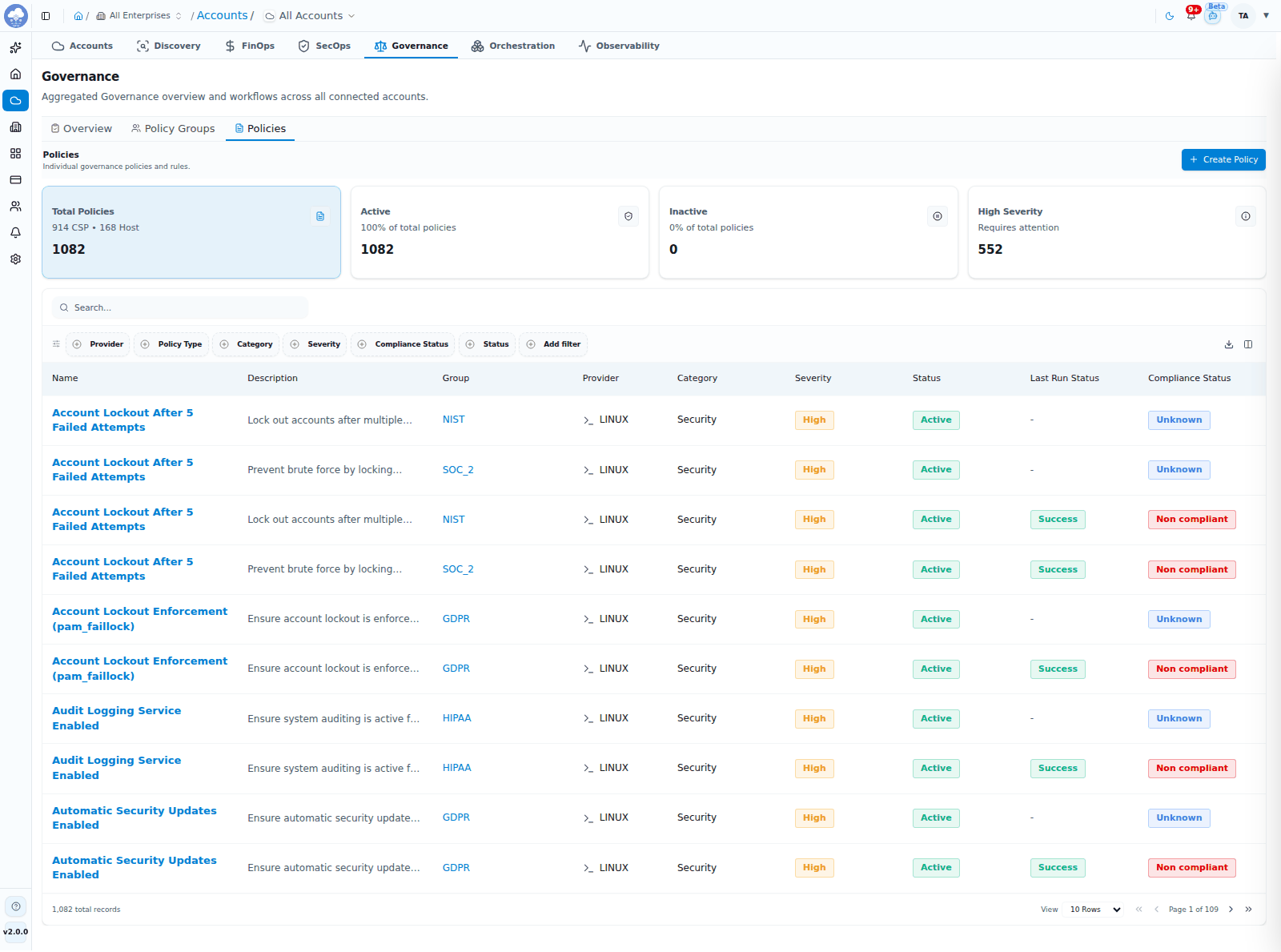 The Policies list with severity, status and compliance