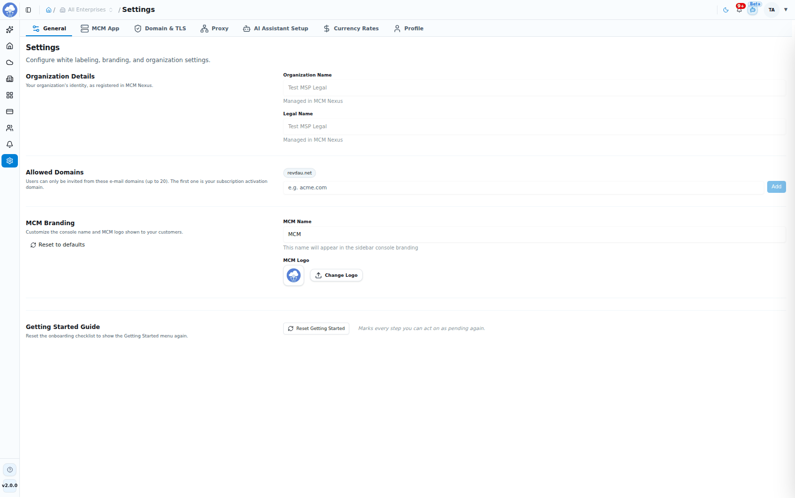 Settings, General tab: organization details, domains and branding